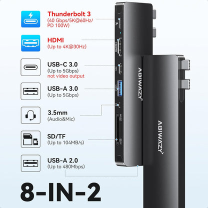 USB C Adapter HDMI USB Multiport Hub,8 in 2 Accessories with HDMI,Thunderbolt 3,USB C and 3 USB A 3.0 Data Ports SD TF Card Reader, Audio(Black)