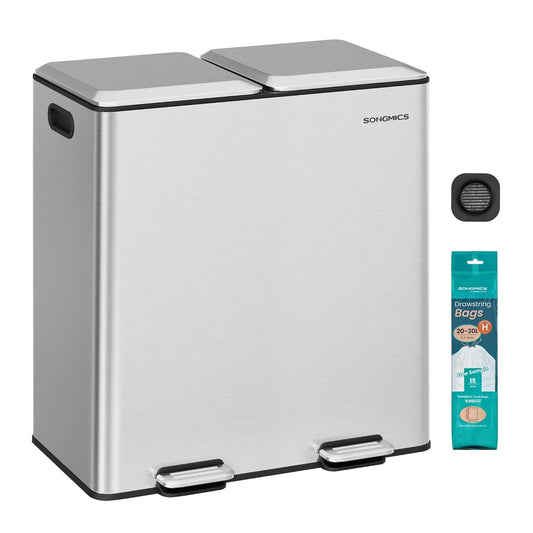 SONGMICS Trash Can, 2 x 8 Gallon (2 x 30 L) Double Garbage Can with Soft-Close Lids, Removable Inner Buckets, Pedals, Stainless Steel, for Waste and Recycling, Metallic Silver ULTB743E01