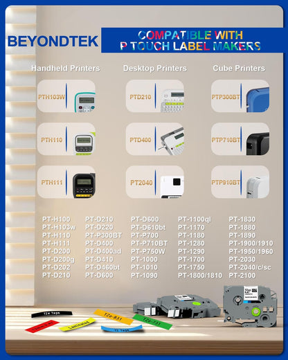 6Pk Replace for Brother Label Maker Tape Work with Brother P Touch Label Tape 12mm 0.47 Laminated Colored TZ 1/2" TZe-B31 TZe-335 TZe431-731 for PT-H103w H110 D210 D400 1180 1280 1890 2040,8m 26.2ft