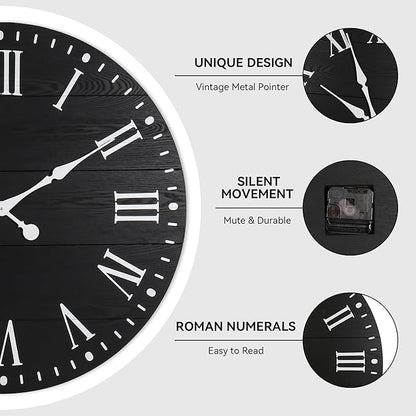 35" Large Wall Clock, Shiplap Wall Clock with Roman Numeral Nearly Non-Ticking Farmhouse Round Wall Clocks for Living Room Decor, Office, Bedroom, Entrance, Black