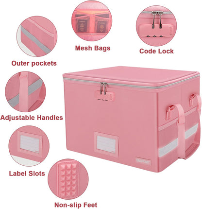 ENGPOW File Box with Lock, Fireproof Document Box with Zipper＆Pockets, Collapsible File Organizer Filing Storage Cabinet with Handle, Portable Home Office Safe for Hanging Letter/Legal Folder, Pink