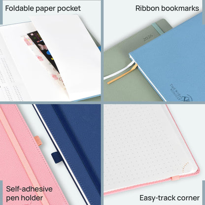 POPRUN Weekly Planner 2026 Calendar (Pocket 4'' x 6.25'') 12 Months Notebook with Horizontal Layout, Leather Hardcover, Inner Pocket, 100GSM Thick Paper, Pen Holder - Army Green