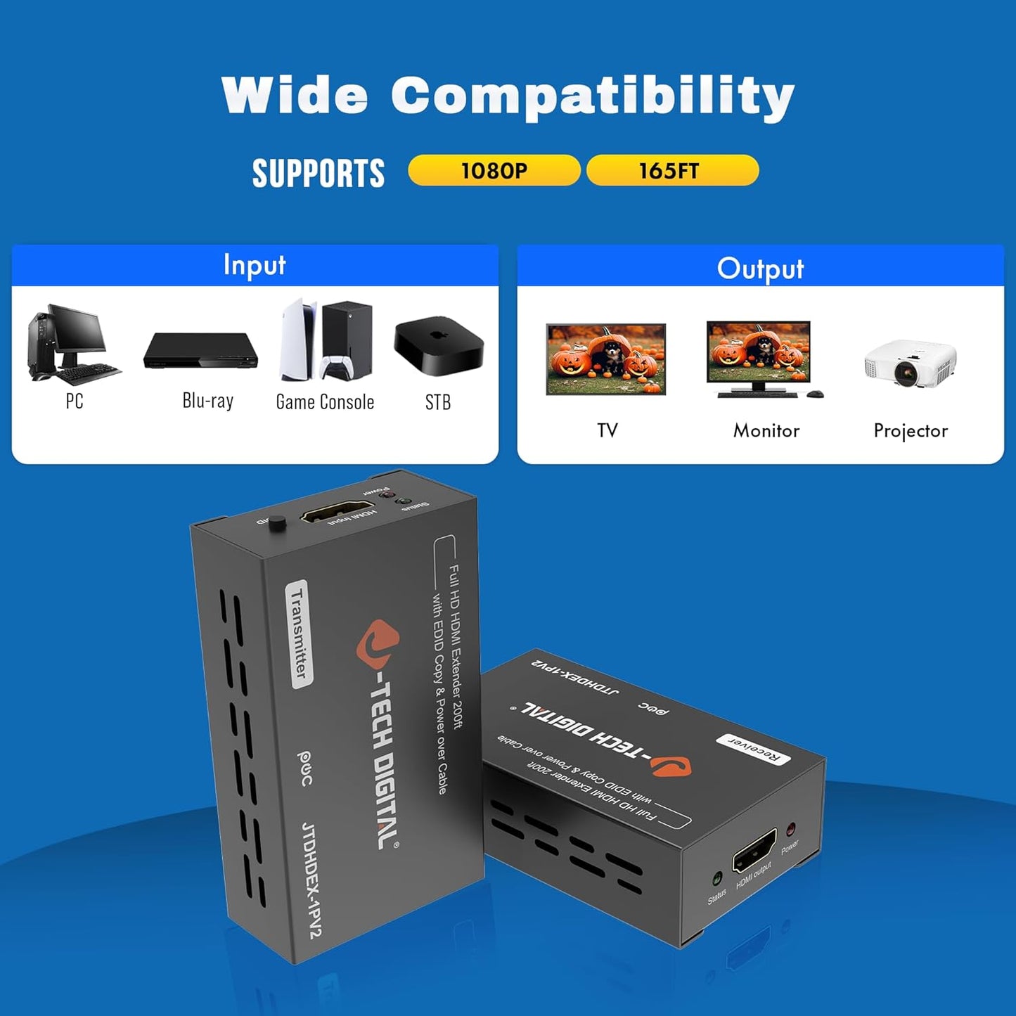 J-Tech Digital HDMI Extender 1080P 60Hz Over Single CAT 5e/6/7 PoC (Power Over Cable) up to 165ft, Deep Color EDID Copy Zero Signal Loss [JTD-HDEX-1PV2]