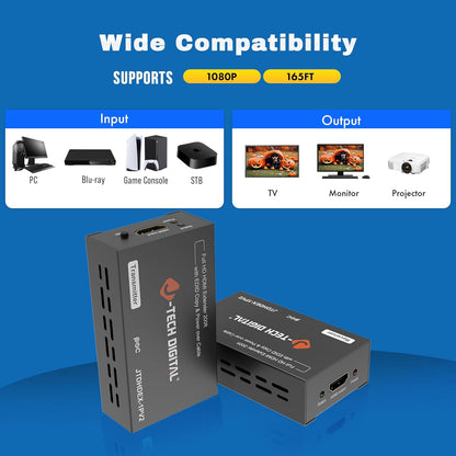 J-Tech Digital HDMI Extender 1080P 60Hz Over Single CAT 5e/6/7 PoC (Power Over Cable) up to 165ft, Deep Color EDID Copy Zero Signal Loss [JTD-HDEX-1PV2]