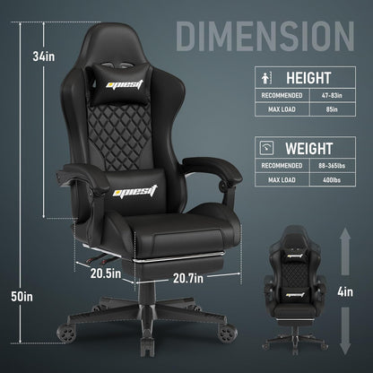 Gaming Chair,Ergonomic Computer Chairs for Adults with Footrest, PU Leather Office Chair with Adjustable Lumbar Support & Pocket Spring Cushion - Heavy Duty 400lb Capacity Gamer Chair(Black)
