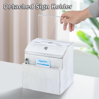 KYODOLED Wood Suggestion Box with Lock, Rustic White Ballot Box Donation and Key Drop Box with Acrylic Sign Holder and 30 Free Suggestion Cards, Wall Mounted or Freestanding, 9H x 6.9W x 8.5L Inch