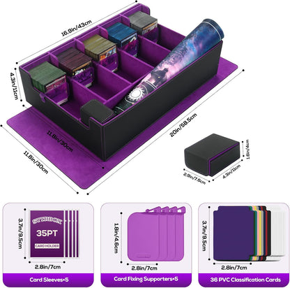 Trading Card Storage Box for MTG, card storage box with Commander Display，Multi-purpose Deck Case for MTG TCG Sports Card, 4 Toploaders, 4 Stoppers, 4 Colorful Dividers (Black& Purple, 5-Row)