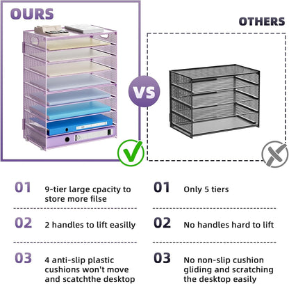 Marbrasse Paper Organizer Letter Tray, 9 Tier Mesh File Organizer with Handle, Paper Sorter Desk Organizer for Home Office Supplies - Purple