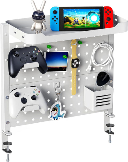 ARES WING Clamp On Desk Pegboard with 16 inches Organizer Shelf, Adjustable Above or Under Desk Storage Shelf Holds 44 lbs, Magnetic Metal Peg Board for Office and Gaming Accessories, White