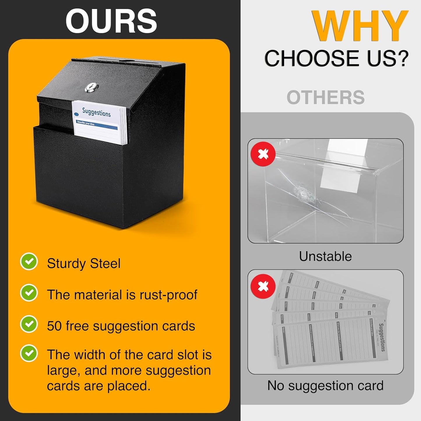 Suggestion Box with Slot and Lock 2 Pcs Metal 8.4 x 5.8 x 7.0 inch Built-In Storage Compartment 100 Suggestion Card Tip Jar Ballot Voting Prayer Comment Mailbox Booth Classroom Restaurant