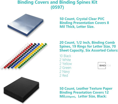 Binditek 120 Pack Binding Covers and Combs kit, Includes 50 Pcs 8mil Clear PVC, 20 Pcs 1/2" Binding Combs, 50 Black Paper Covers, for Letter Size