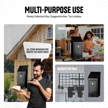 Metal Donation Box-Suggestion Box with Slot and lock-Cash Lock box for Money-Waterproof Drop Box-Comment and ballot voting box-comes with pre-drilled holes for easy wall mounting 10x6x2.5"(Black)