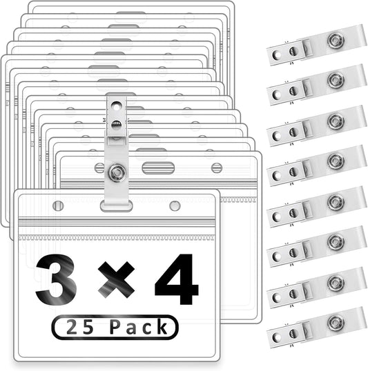 Clear Plastic Horizontal Name Tag Holders and Metal Badge Clips with Vinyl Straps Waterproof PVC ID Card Badge Holder 3x4 Inch(25 Pack, Horizontal Large 3x4)