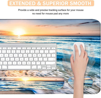 4-in-1 Large Gaming Mouse Pad, Keyboard Wrist Rest Pad & Wrist Support Mousepad Set, Extended Desk Pad Waterproof Desk Mat for Home Office Study Game-Beach