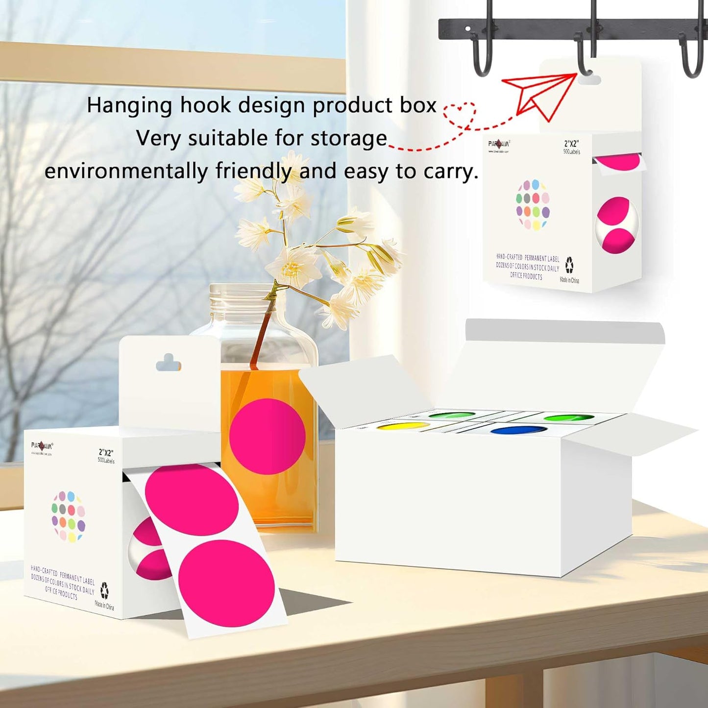 PARLAIM 2 inch Round Color-Code Dot Sticker Labels, 4 Rolls 2000 Adhesive Label Pack in Dispenser Box, Fluorescent Pink