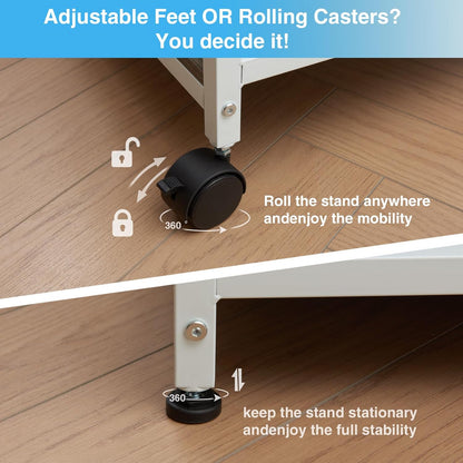 Lauren&Harold 34'' Printer Stand with Power Outlets & USB Ports, 3-Tier Adjustable Rolling Cart, Heavy Duty 150LBS Storage Table with Wheels for Office, Kitchen, Living Room, Grey/White
