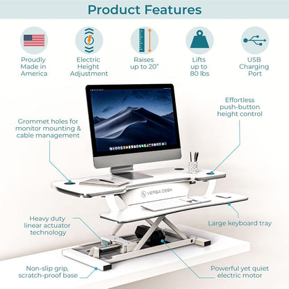VERSADESK® Electric Standing Desk Converter, 40 Inch Large PowerPro™ Height Adjustable Sit to Stand Desk Riser with Keyboard Tray, Built-in USB Charging Outlet, Ergonomic Workstation, White