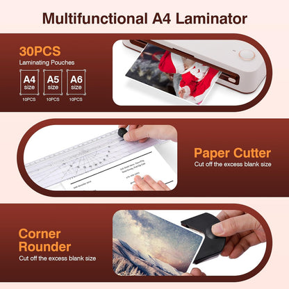 BISOFICE 4 in 1 A4 Laminator Machine Set, Multifunctional Rapid Heating Lamination with Paper Cutter, Trimmer Rounder, 30 Laminating Pouches Suitable for A4/A5/A6 for Home Office School Supplies