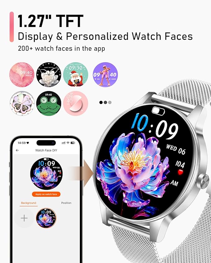 Smart Watch for Women, Answer/Make Call,1.27'' Touchscreen, 120+ Sports Modes Fitness Tracker, 24H Heart Rate/SpO2/Sleep/Menstrual Cycle/IP68 Fitness Watch for Android iOS, 4 Straps (Silver)