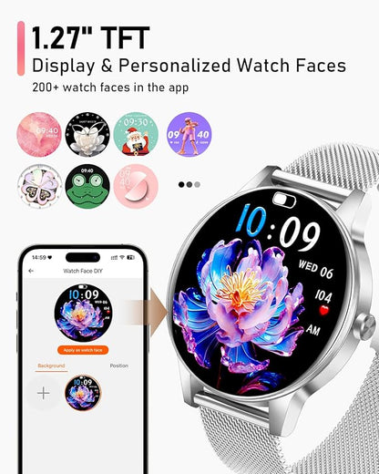 Smart Watch for Women, Answer/Make Call,1.27'' Touchscreen, 120+ Sports Modes Fitness Tracker, 24H Heart Rate/SpO2/Sleep/Menstrual Cycle/IP68 Fitness Watch for Android iOS, 4 Straps (Silver)
