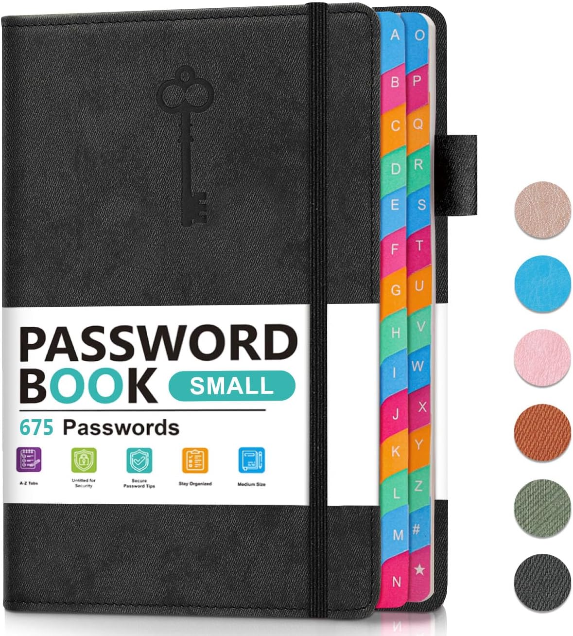 Small Password Keeper Book with Colorful Alphabetical Tabs, Hardcover Password Log-book for Internet Password and Website Address, 4.1"×6.2" Password Notebook for Home Office (Black)