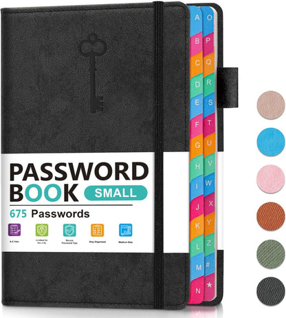 Small Password Keeper Book with Colorful Alphabetical Tabs, Hardcover Password Log-book for Internet Password and Website Address, 4.1"×6.2" Password Notebook for Home Office (Black)