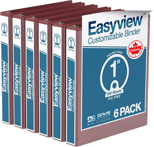 Easyview Premium 3-Ring Binders with Clear-View Covers and Round Rings, Binders for School or Office, 1 Inch, Pack of 6, Burgundy