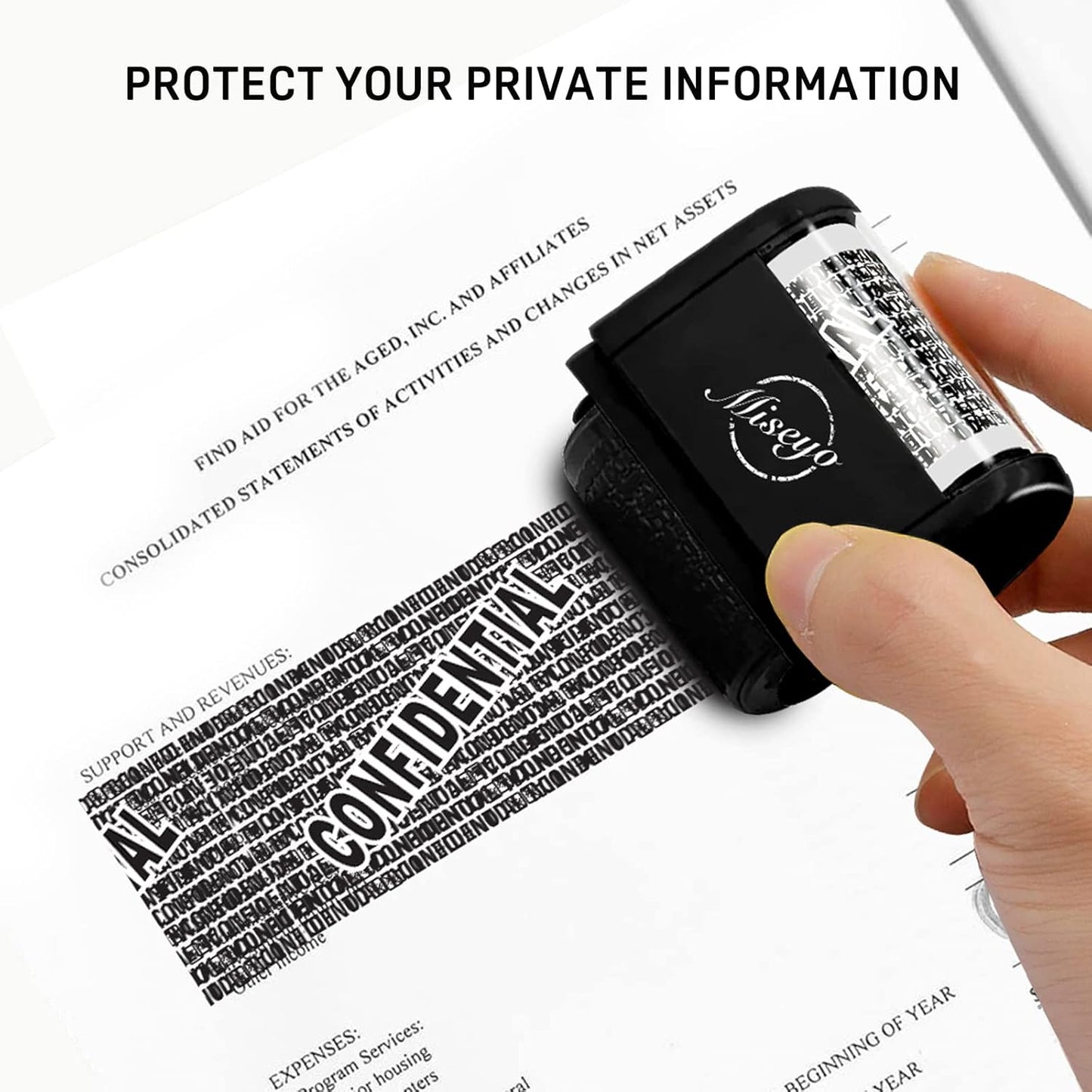 Miseyo Identity Theft Protection Roller Stamp Set - Black (3 Refill Ink Included)