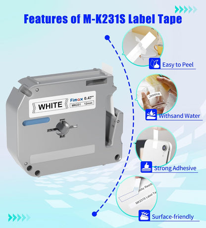 M-K231 12mm Replacement for Brother M Tape 12mm 0.47'' White, M-K231s MK231s M231 Label Tape Replace for Brother PTouch PT-M95, PT-90, PT-70, PT-65, PT-60, PT-45 Label Maker Refills, 3 Pack