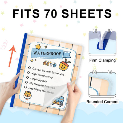 TOTiyea 12 Pack Clear Report Covers with Sliding Bars, 9mm (70 Sheet Capacity) Blue Sliding Bar File Folders, for Letter Size