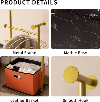 Coat Rack Freestanding with Storage Basket Heavy Duty Clothes Rack Marble Base Modern Coat Stand for Bedroom Living Room Hotel 13.39" D x 19.69" W x 68.9" H (Gold)