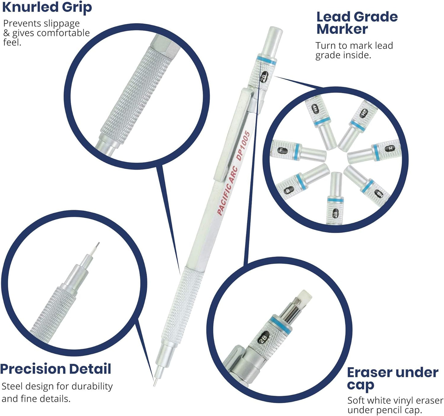 Pacific Arc Chromagraph Metal Mechanical Pencil .5 mm Silver Barrel Mechanical Pencil with Built In Lead Pencil Grade Indicator, Lead Pencil Holder for Drafting, Sketching, and Drawing