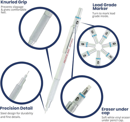 Pacific Arc Chromagraph Metal Mechanical Pencil .5 mm Silver Barrel Mechanical Pencil with Built In Lead Pencil Grade Indicator, Lead Pencil Holder for Drafting, Sketching, and Drawing