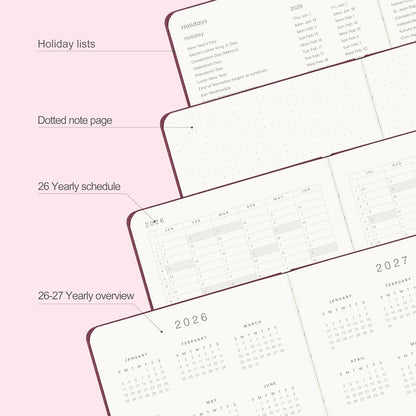 And Per Se 2026 Planner-Daily, Weekly & 15-Monthly Leather Hardcover Planner, 5.7" x 8", Daily Schedule, Monthly Tabs, 100 GSM Thick Paper, Back Pocket(Dark Red)