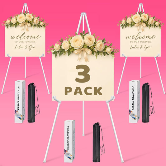 3 Pack White Easel Stand for Sign & Poster - 63" Adjustable Metal Easels for Wedding Welcome Sign, Painting, Canvas, Art Display - Portable Folding Tripod with Carry Bag, Holds 5 Lbs