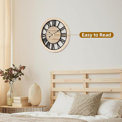 Maxstar 16'' Wall Clock for Living Room Decor, Ultra-Silent Rustic Wooden Farmhouse Wall Clock with Metal & Real Wood Frame, Battery Operated, for Kitchen Bedroom Office, Roman Numerals