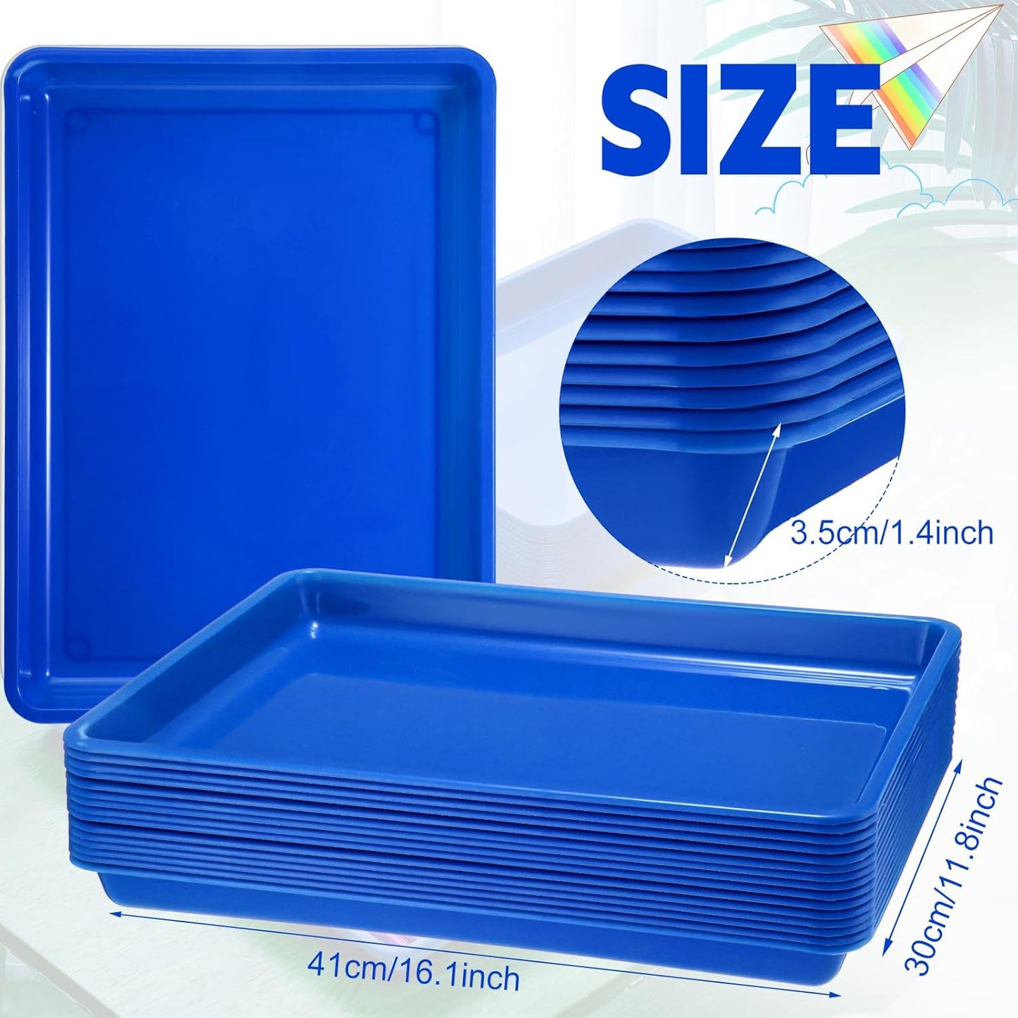 Maitys 15 Pcs Flat Plastic Trays 16.1 x 11.8'' Sensory Storage Tray Paper Stackable Classroom Bins for Office Home Organizer Arts and Crafts Supplies(Blue)