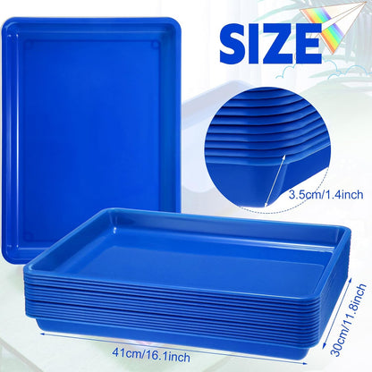 Maitys 15 Pcs Flat Plastic Trays 16.1 x 11.8'' Sensory Storage Tray Paper Stackable Classroom Bins for Office Home Organizer Arts and Crafts Supplies(Blue)