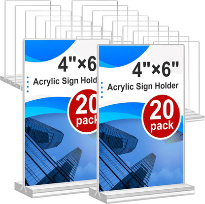 Acrylic Sign Holder 4x6, 20 Pack Clear Table Vertical Double Sided Table Menu Display, Plastic Desktop Picture Frames Stand Acrylic Paper Holder Tabletop Sign Holder for Wedding Office Show Fair