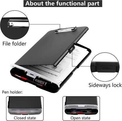 Clipboard with Storage,A4 Binder Clipboards with Pen Holder,Heavy Duty Plastic Storage Clipboard with Low Profile Clip,Nursing Clipboards Folder Side-Opening,Smooth Writing Clip Board for Office-Black