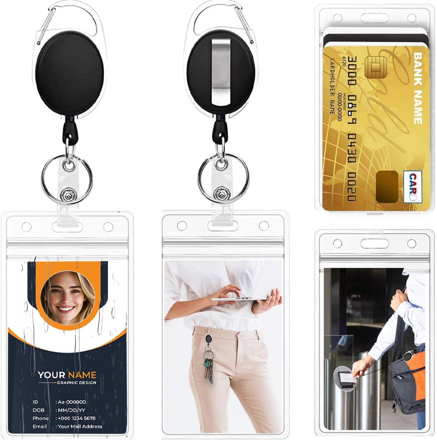 Retractable ID Badge Holder with Clip Badge Reels, Clear ID Card Holder (2 Pack)