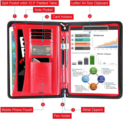 Darolin Zippered Leather Padfolio Portfolio with [Hidden Handle] and [Clipboard], Business Conference Portfolio Organizer Notepad Folder, Padfolio for Women/Men (Red)