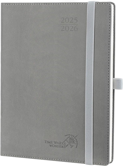 POPRUN Planner 2025-2026 (Medium - 6.5'' x 8.5'') Academic Weekly Calendar (July 2025 - June 2026) with Hourly Time Slots, Monthly Tabs, 100GSM Thick Papers, Leather Soft Cover - Grey