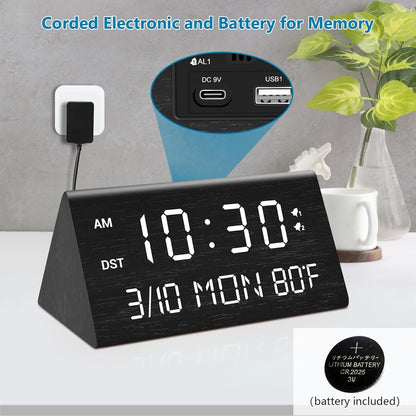 Kogonee Wooden Digital Alarm Clock, 0-100% Dimmer, 2 Alarm Settings, Weekday/Everyday Mode, 9 Mins Snooze, 12/24H, Temperature and Date Display for Office, Travel, Bedroom Alarm Clock (Black)