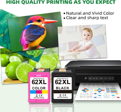 Replacement for HP 62xl Ink Cartridge Combo Pack - High Yield Ink Cartridges Compatible for hp Ink 62, Envy 5540 7640 7645 5660 OfficeJet 200 250 5740 Ink, Black, Tri-Color, 2 Pack