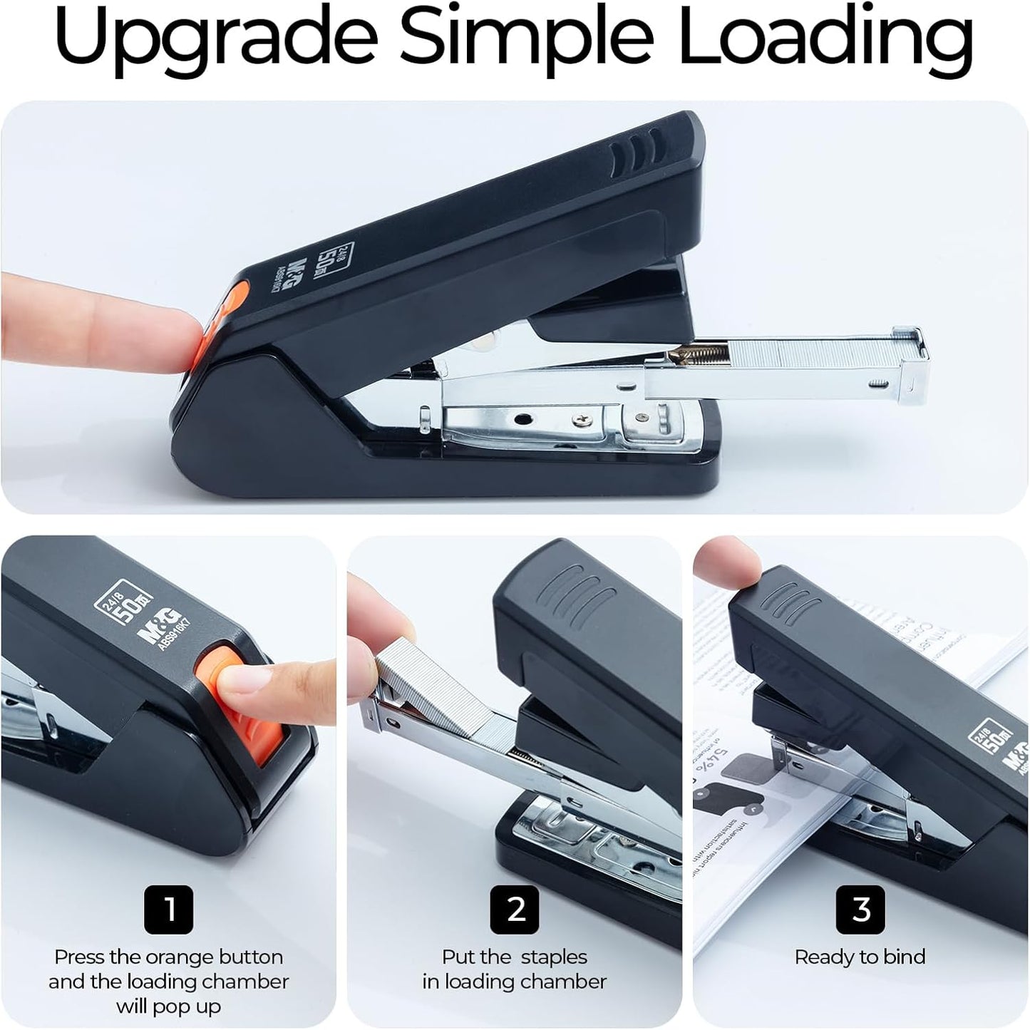 M&G Effortless Stapler 50 Sheet Capacity One-Touch Stapling, Heavy Duty Desktop Stapler Includes 1000 Staples and Remover, Portable Handheld Staplers for Home & Office (Black)