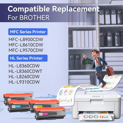 TN433 Toner Cartridge Set 4 Pack(with chip) Compatible Replacement for Brother tn436 tn431 tn433bk tn 436bk Toner for MFC-L8900CDW HL-L8360CDW HL-L8260CDW MFC-L8610CDW Prints