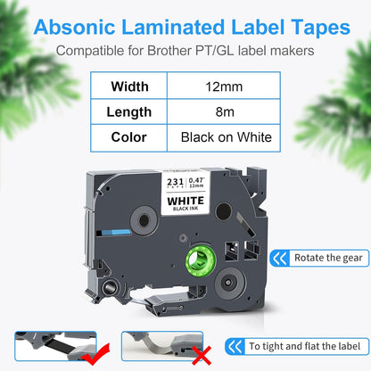 Absonic 12mm 0.47 Laminated White Tz-231 Tape Compatible for Brother Tze-231 Tze Tape 1/2 Inch Refills Work for P Touch Label Maker PTD220 PTD210 PTH110 PTP710 PT-610BT PTD400, Black on White, 6 Pack