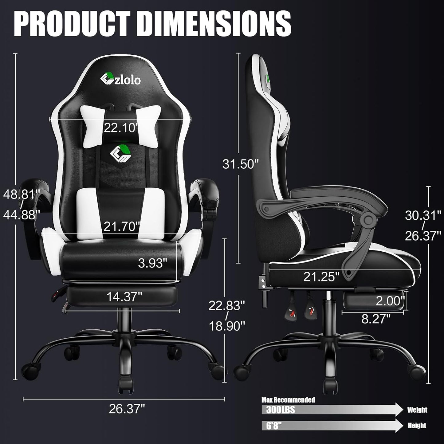 Gaming Chair, Ergonomic Office Computer Chair with Footrest and Lumbar Support Massager Racing Style High Back Video Gamer Chair, Wide＆Thick Cushion, 90°-135° Recline, Adjustable Height, White