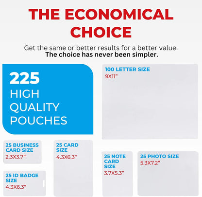 5MIL Thermal Laminating Sheets (225 Count) Letter, Photo, Card, Notecard, ID Badge and Business Card Sizes, Laminating Pouches, Compatible with Laminators, Crystal Clear Laminated Finish